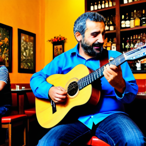 Home 4 **
"A street musician in Seville, Spain, playing a guitar and singing a copla in a tapas bar, fully clothed, appropriate attire, safe for work, perfect anatomy, natural proportions, warm lighting, professional photography, modest clothing, family-friendly setting, no alcohol depicted, focus on the emotion of the performance."
**