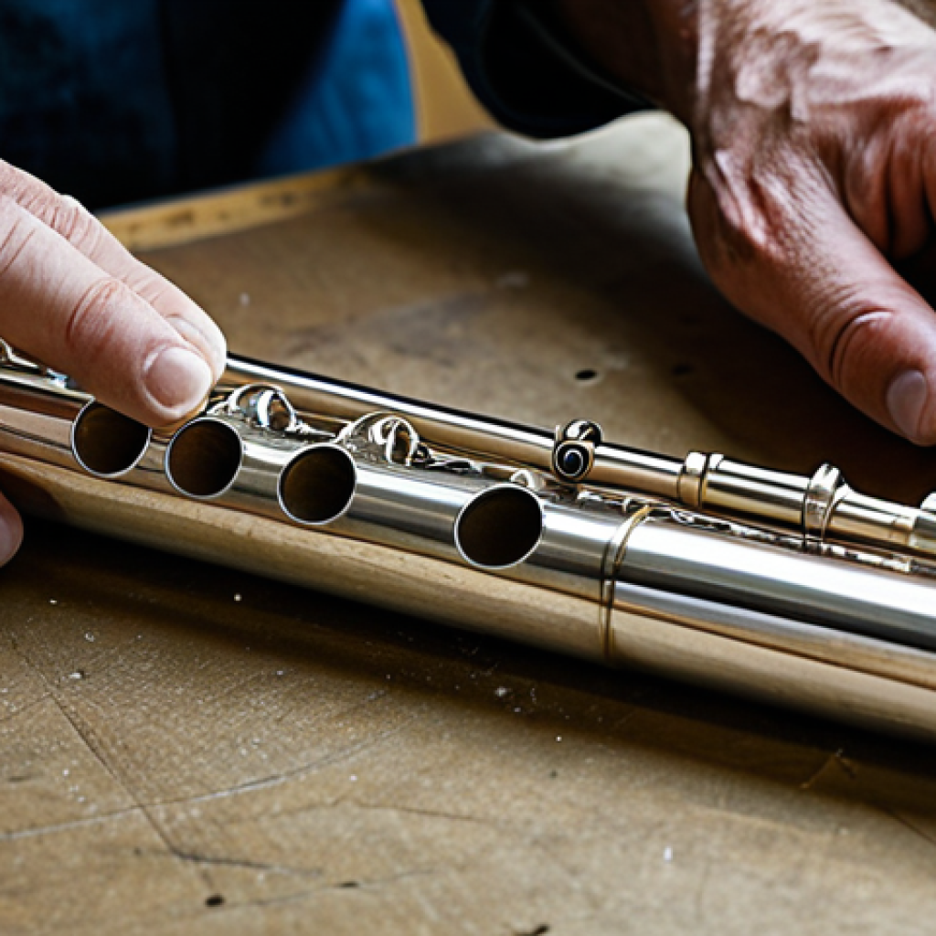 플루트 음색 연구 - Flute Craftsmanship**

"Close-up of a craftsman's hands meticulously assembling a silver flute in a ...