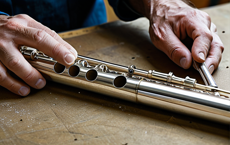 플루트 음색 연구 - Flute Craftsmanship**

"Close-up of a craftsman's hands meticulously assembling a silver flute in a ...