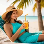 청음 훈련 가이드 - A young woman, wearing a stylish, modest two-piece swimsuit and a wide-brimmed straw hat, sips a col...