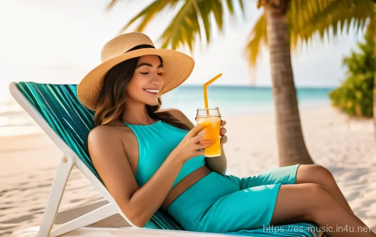 청음 훈련 가이드 - A young woman, wearing a stylish, modest two-piece swimsuit and a wide-brimmed straw hat, sips a col...