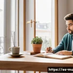 Home 18 음악과 기억력 향상 - A serene study room scene in a modern Spanish apartment, featuring a young adult studying at a woode...