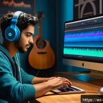 Home 17 음악과 인공지능 - A vibrant digital music studio scene showcasing a young Hispanic musician using AI-powered compositi...