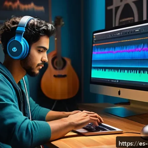 Home 29 음악과 인공지능 - A vibrant digital music studio scene showcasing a young Hispanic musician using AI-powered compositi...
