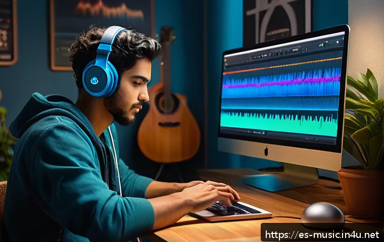 음악과 인공지능 - A vibrant digital music studio scene showcasing a young Hispanic musician using AI-powered compositi...
