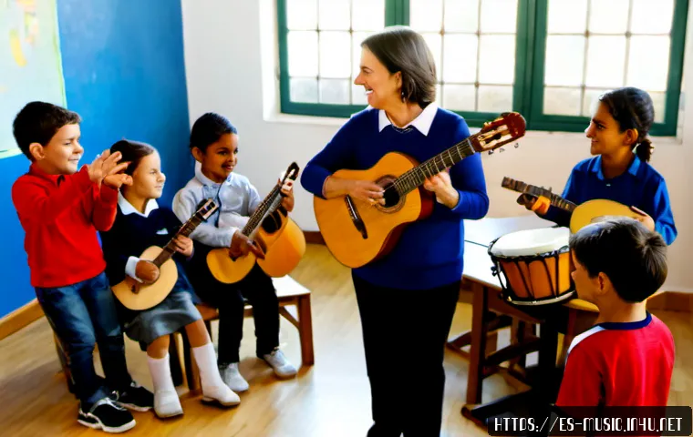 음악 교육 철학 - Photorealistic music education philosophy scene in a bright Spanish primary school classroom, a warm...