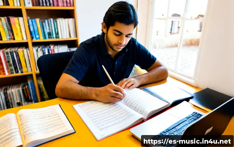 음악 교수법 논문 리뷰 - Photorealistic university music education researcher in a bright Spanish-speaking campus library, re...